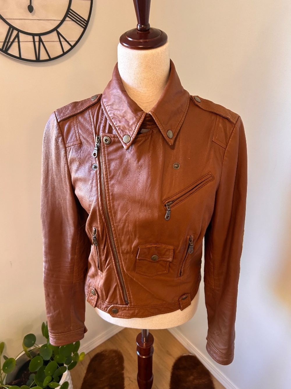 Kenna-T Genuine Leather Moto Jacket Cognac Brown Size M Nordstrom